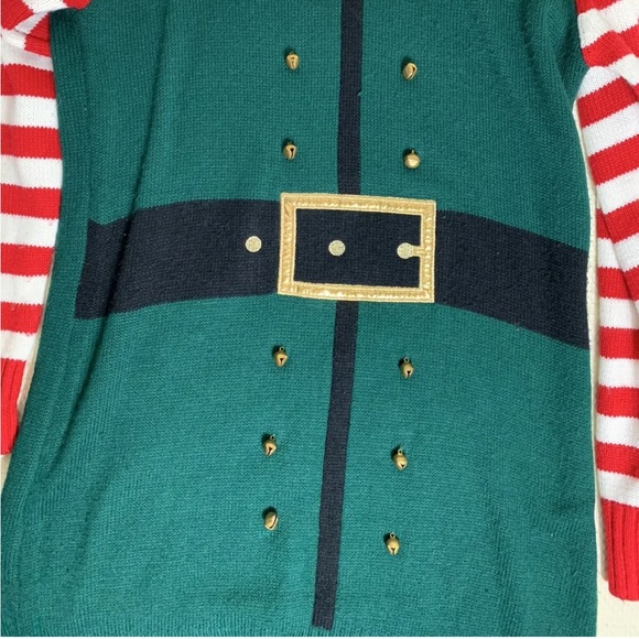 Ugly Christmas Sweater Women’s Medium Elf Bells PomPoms Long Costume Party Green - Picture 10 of 10